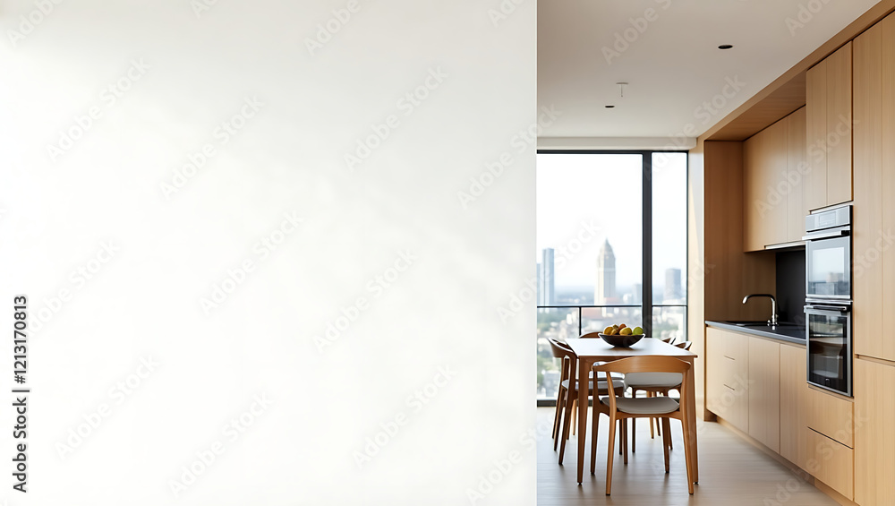 Fototapeta premium Modern Kitchen Interior with Blank Wall and City View