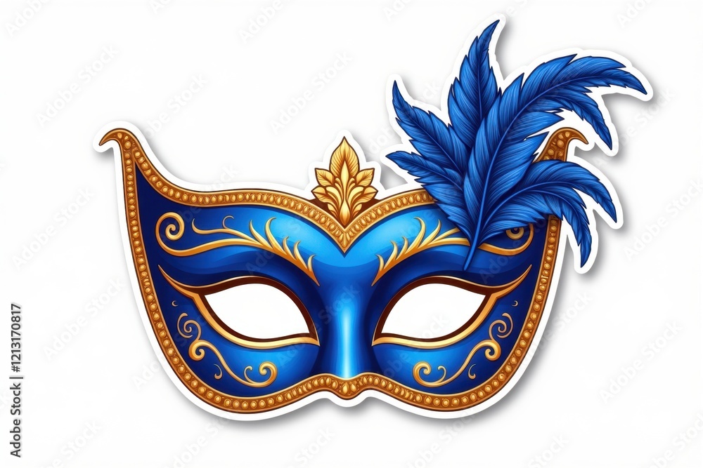 Sticker with Royal blue masquerade mask adorned with golden swirls and elegant feathers on a white background, festive celebration design concept. Sticker with Royal blue masquerade mask adorned with golden swirls and elegant feathers on a white background, festive celebration design concept.