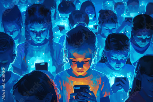Children in a dark room are illuminated by the glow of their phones. Concept of technology's impact on youth. For digital addiction awareness.