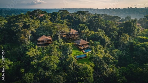 The dense rainforests of the Congo Basin, with thick green foliage, vibrant wildlife, and the sound of tropical birds filling the air.  photo