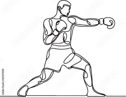 Vector Art of Boxer Throwing Punch in Fighting Stance – Line Drawing Style