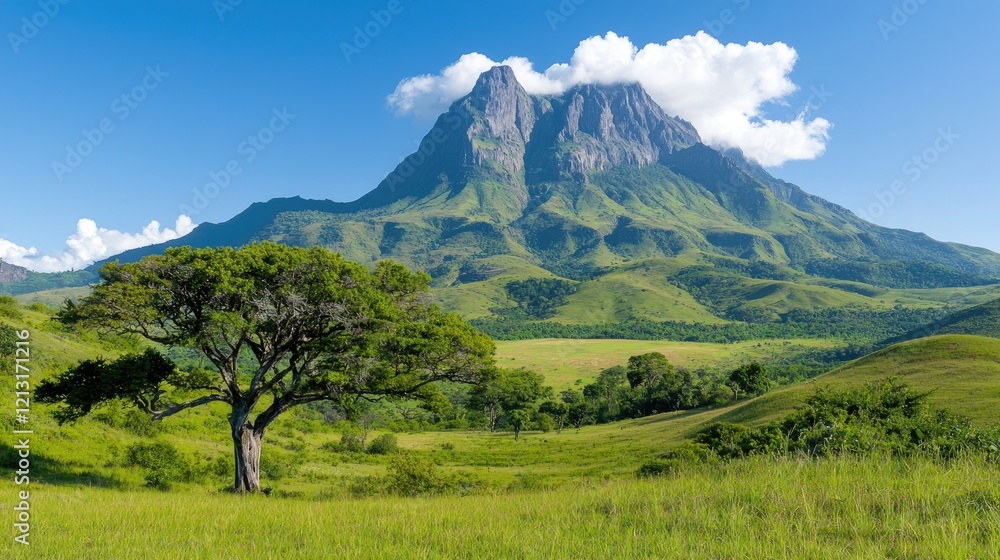 Lone tree in grassy valley, majestic mountain backdrop, sunny day, scenic travel landscape Lone tree in grassy valley, majestic mountain backdrop, sunny day, scenic travel landscape