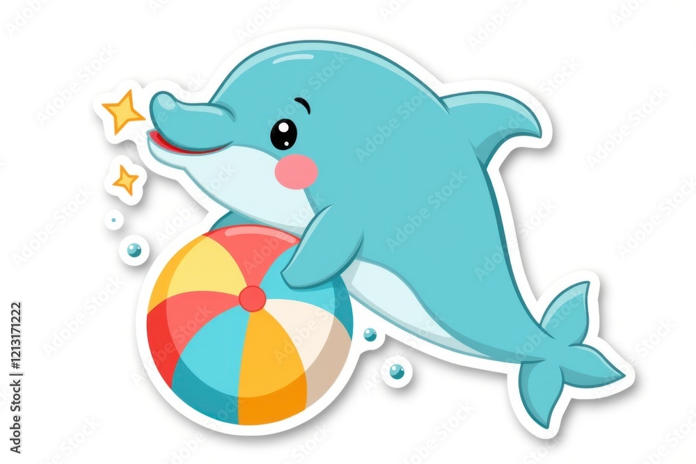 Sticker with a playful dolphin joyfully balancing a beach ball with its nose, surrounded by bubbles and sparkles on a white background, cheerful aquatic design concept. Sticker with a playful dolphin joyfully balancing a beach ball with its nose, surrounded by bubbles and sparkles on a white background, cheerful aquatic design concept.