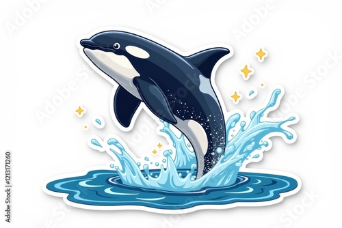 Sticker with a majestic killer whale leaping out of the water with splashes and sparkles on a white background, vibrant marine design concept. photo