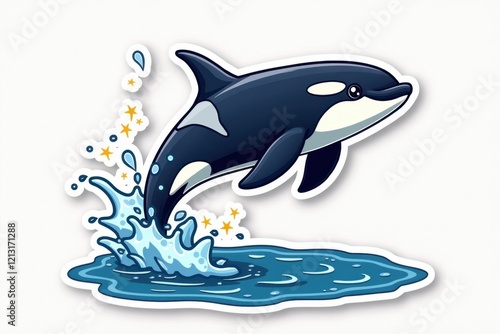 Sticker with a majestic killer whale leaping out of sparkling water against a white background, playful and lively ocean design concept. photo