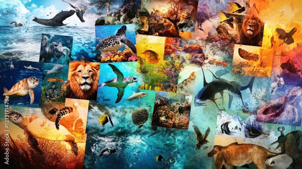 Vibrant collage showcasing diverse wildlife, marine life, and birds. Vibrant collage showcasing diverse wildlife, marine life, and birds.