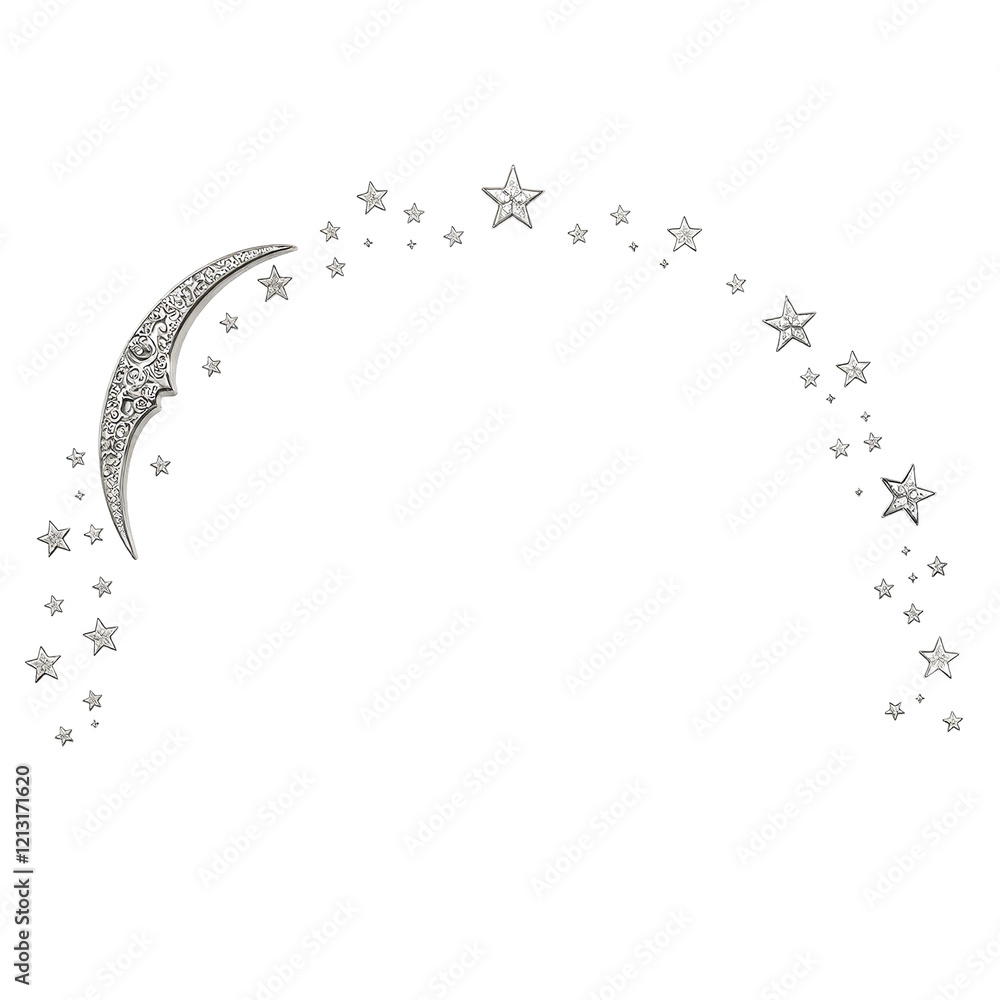 Celestial arch with crescent moon stars and silver accents on white backdrop