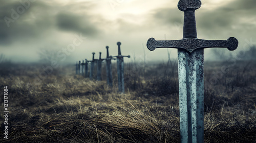 An ancient battlefield where rusted swords and shields are buried in the earth, the remains of a long-forgotten war. The wind howls through the remnants of the past, carrying whispers of lost souls. photo