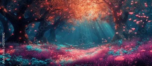 Wallpaper Mural Enchanting autumnal forest landscape with glowing light rays filtering through the vibrant colorful foliage of trees and flowers  A mystical fairytale like atmosphere with a serene Torontodigital.ca