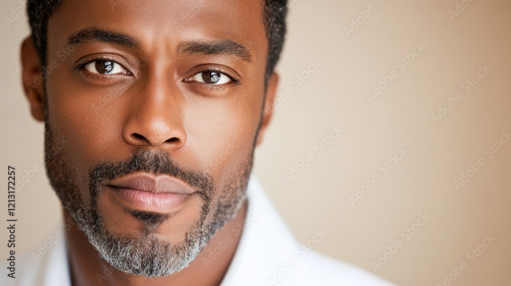 Obraz premium Intriguing Gaze: A close-up portrait of a confident man with a goatee, piercing eyes, and a determined expression. The subtle lighting enhances the intensity of his gaze.