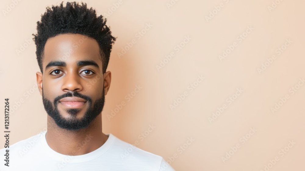 Obraz premium Confident Gaze: Portrait of a young Black man with a short, well-groomed beard and styled hair, wearing a plain white t-shirt.