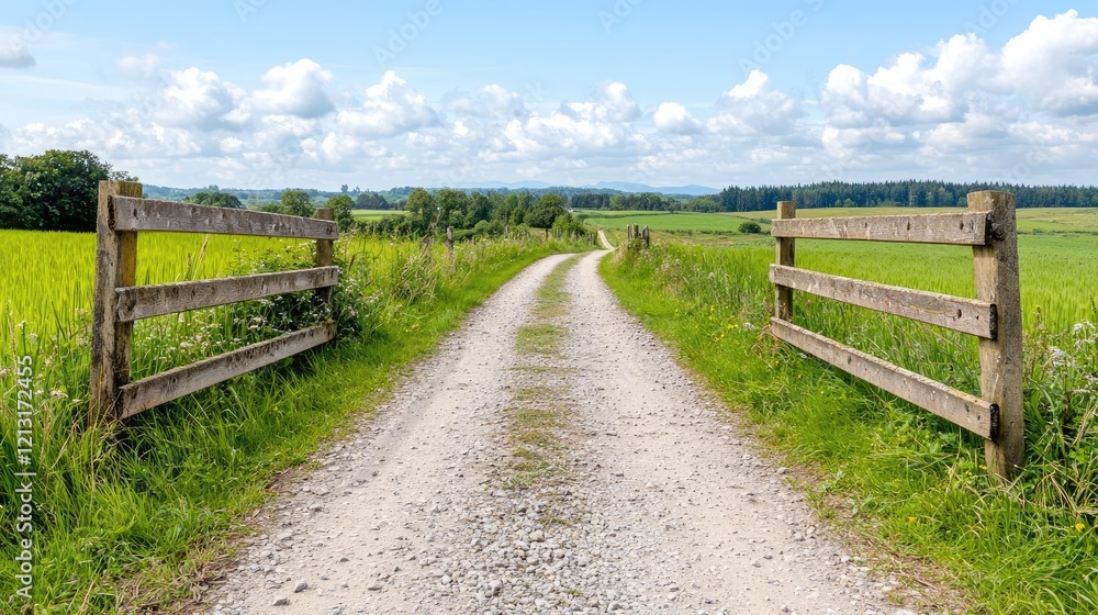 Country lane leading to rural landscape under sunny sky Country lane leading to rural landscape under sunny sky