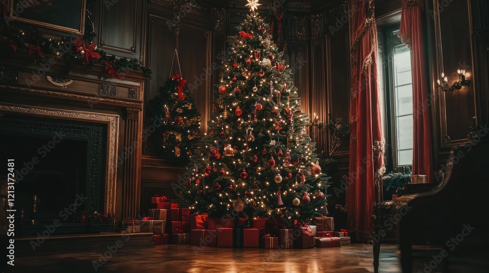 Obraz premium Elegant Christmas tree in mansion, gifts, fireplace