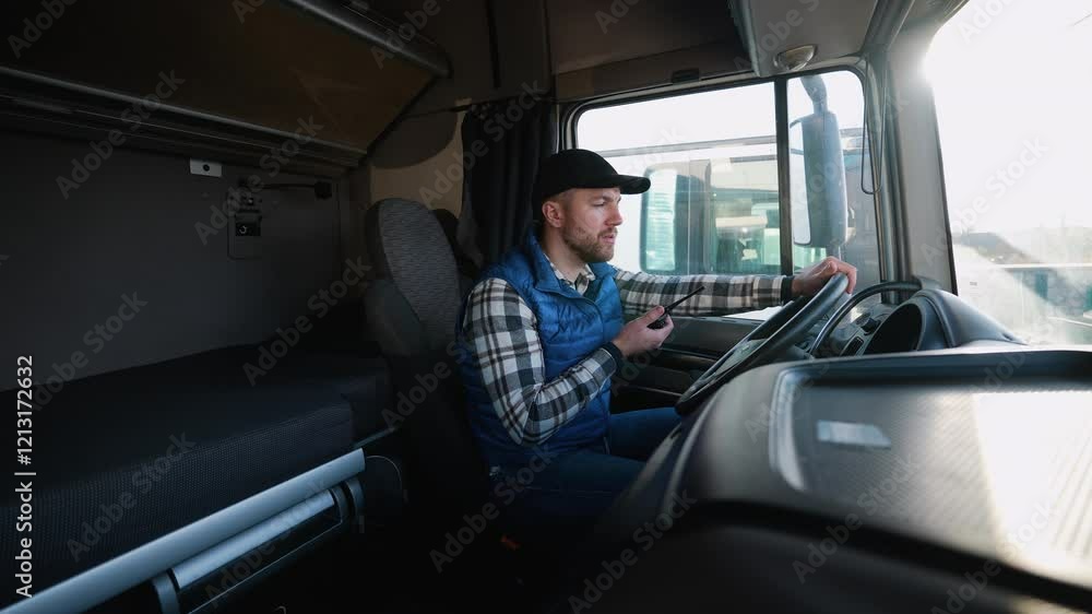 Truck driver confirming route details via walkie-talkie Truck driver confirming route details via walkie-talkie