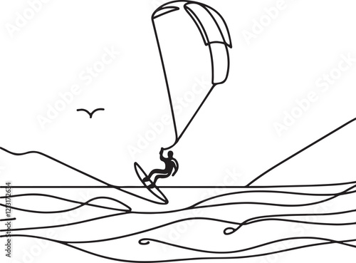 Kitesurfer Line Drawing - Soaring Above Ocean Waves in Black and White Vector Art