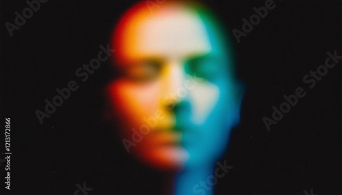 Iridescent blurry grainy face silhouette photo on black background
