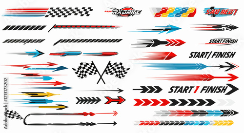 racing stripe vector set, racing flags , checkered patterns , speed lines , arrows , and start finish banners illustration , race element for motorsport designs , race graphics , vector art , and auto