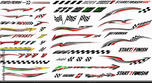 racing stripe vector set, racing flags , checkered patterns , speed lines , arrows , and start finish banners illustration , race element for motorsport designs , race graphics , vector art , and auto