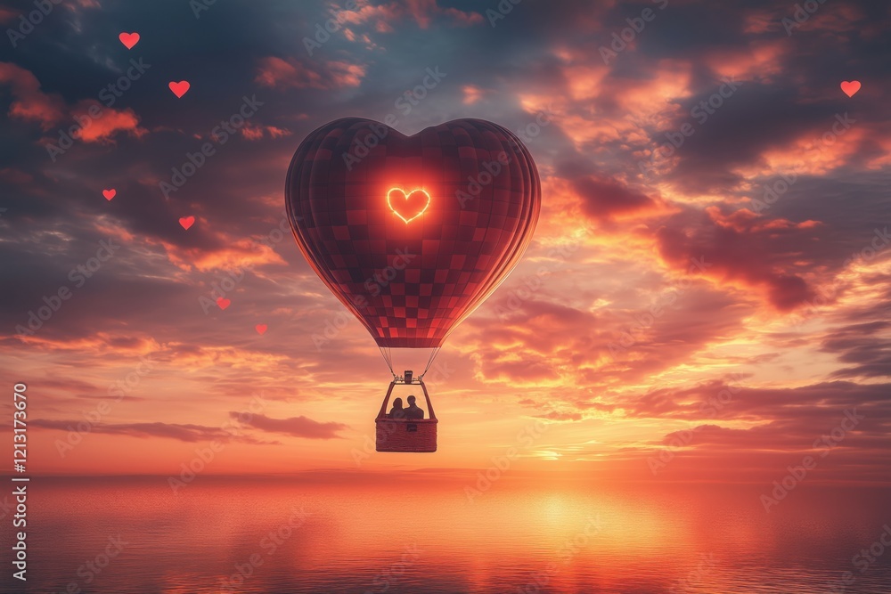 Fototapeta premium A hot air balloon shaped like a heart, floating above a serene landscape at sunrise. The basket below holds a couple sharing a warm moment.