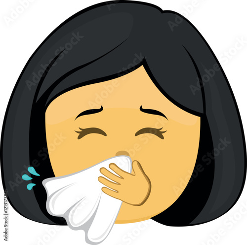 vector illustration yellow emoji face character woman cartoon sneezing with a nose handkerchief