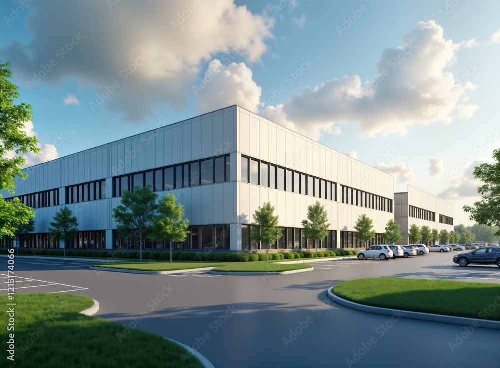 Fototapeta premium Modern industrial building complex in city area. Large facility with many windows, parking lot. Green landscaping surrounds building. Sunny summer day. Commercial enterprise headquarters.