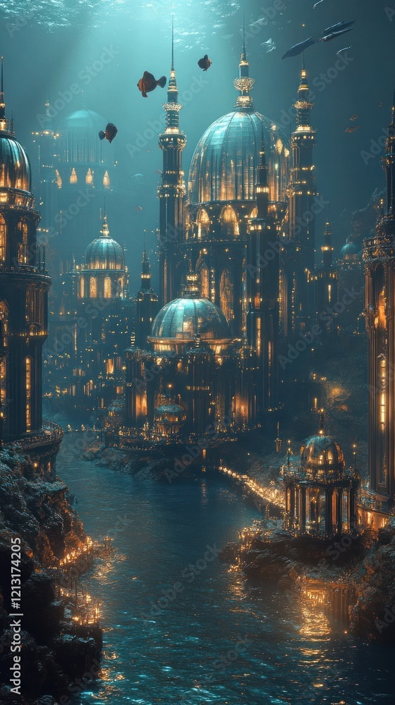 Fototapeta premium Breathtaking digital showcasing a fantastical futuristic cityscape with glowing illuminated architecture set against a mysterious otherworldly celestial backdrop This visionary