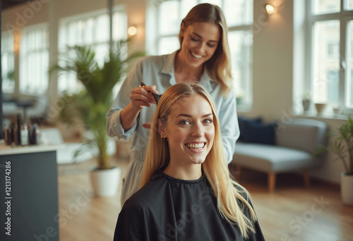 Friseurin stylt glückliche Kundin im modernen Salon