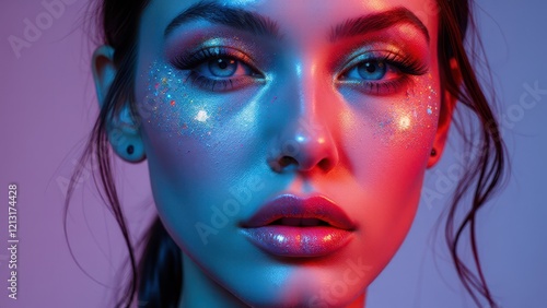 Wallpaper Mural Unique experimental makeup on a woman with sparkling orange and blue highlights, creating a bold fashion statement. Torontodigital.ca