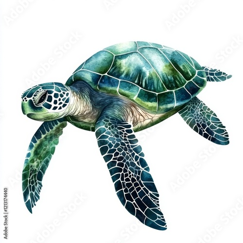 A watercolor artwork showcasing a majestic sea turtle in vibrant blue and green, excellent for nature and wildlife themes photo