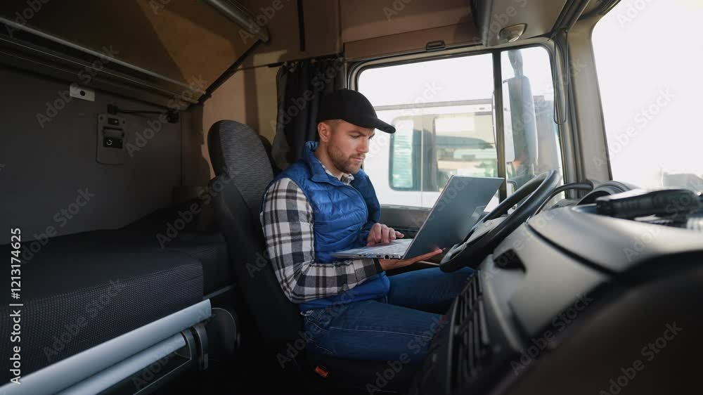 Truck driver reviewing trip documents on laptop before departure Truck driver reviewing trip documents on laptop before departure