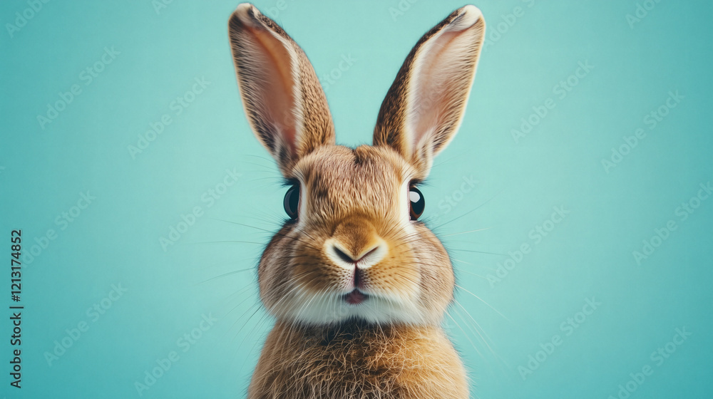 Obraz premium Retrato frontal de conejo con fondo azul minimalista