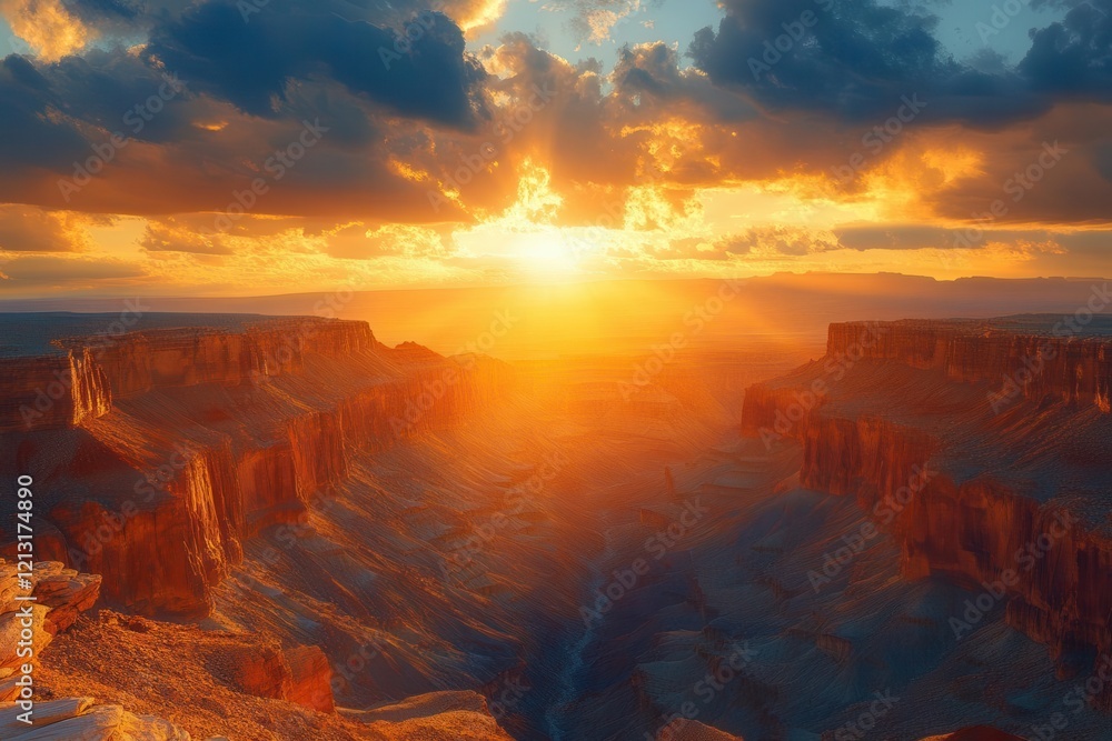 Fototapeta premium majestic desert canyon at golden hour sunbeams piercing through cloud layers creating dramatic light and shadow interplay