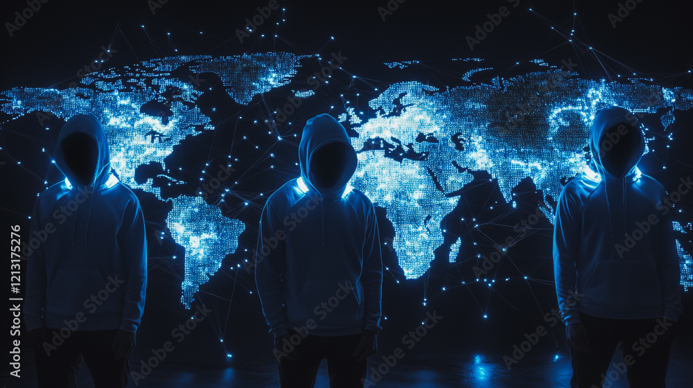 Obraz premium Hacker are planning to hack and attack networks and cyber security systems.team people innovation connection of line from nail node to node on map background , networking concept