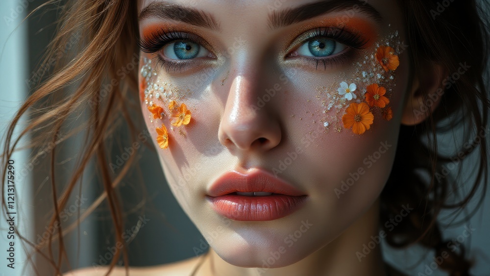 Fototapeta premium Experimental makeup on a woman with delicate orange flowers, highlighting bold fashion and beauty trends.