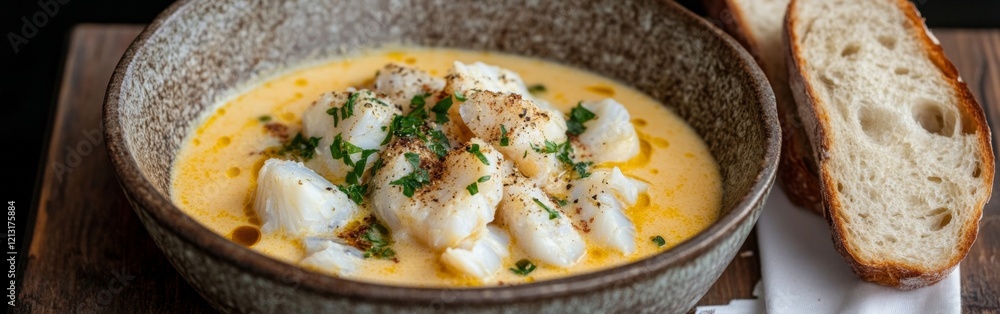 Fresh fish chowder is beautifully presented in a rustic bowl, topped with herbs and black pepper. Soft bread rests alongside, perfect for dipping. The cozy setting enhances the meal's warmth Fresh fish chowder is beautifully presented in a rustic bowl, topped with herbs and black pepper. Soft bread rests alongside, perfect for dipping. The cozy setting enhances the meal's warmth