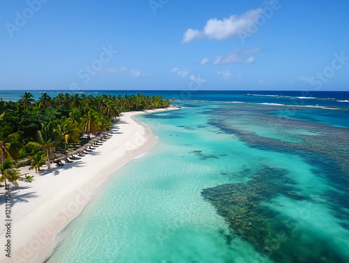 Aerial View of Pristine Tropical Beach with Turquoise Waters and Palm Trees photo