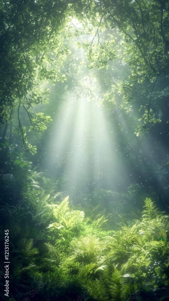 Lush forests undergrowth lushness concept. A serene forest scene featuring rays of sunlight filtering through lush greenery, illuminating ferns and creating a tranquil atmosphere. Lush forests undergrowth lushness concept. A serene forest scene featuring rays of sunlight filtering through lush greenery, illuminating ferns and creating a tranquil atmosphere.