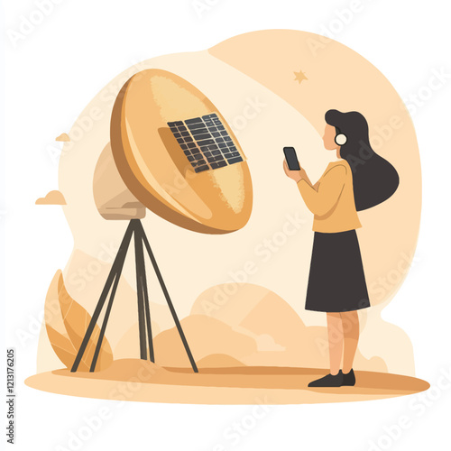 Near a transmission tower, a woman character is depicted with a satellite overhead, symbolizing meteorology tools, 5G internet, smart tech, and advancements in technology. Illustrated in a cartoon