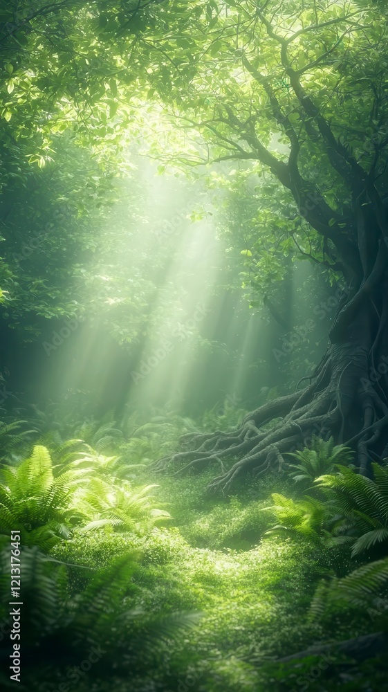 Lush forests undergrowth lushness concept. Lush forest scene illuminated by soft sunlight streaming through trees, creating a serene and tranquil atmosphere. Lush forests undergrowth lushness concept. Lush forest scene illuminated by soft sunlight streaming through trees, creating a serene and tranquil atmosphere.