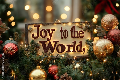 Festive Joy to the World sign, Christmas market lights