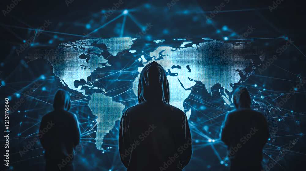 Obraz premium Hacker are planning to hack and attack networks and cyber security systems.team people innovation connection of line from nail node to node on map background , networking concept