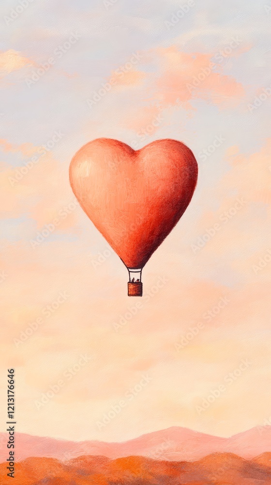 Fototapeta premium A sketch of a hot air balloon in the shape of a heart floating over a countryside with copy space.