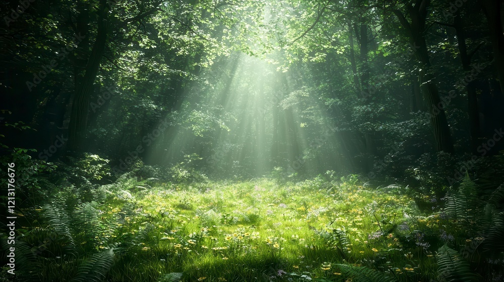 Obraz premium Lush forests undergrowth lushness concept. A tranquil forest scene with sunlight filtering through trees, illuminating a lush green clearing, creating a peaceful and serene atmosphere.