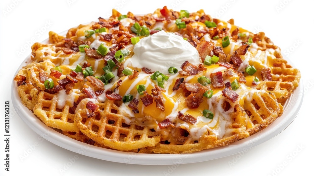 A platter of loaded potato nachos with waffle fries, melted cheese, bacon bits A platter of loaded potato nachos with waffle fries, melted cheese, bacon bits
