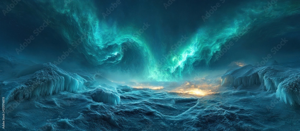Fototapeta premium Aurora Borealis lighting up the night sky over a frozen icy Arctic Ocean landscape Vibrant shimmering green and blue hues dance across the horizon creating a captivating and otherworldly scene