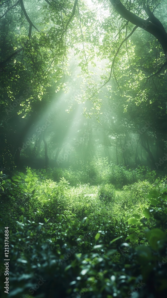 Obraz premium Lush forests undergrowth lushness concept. A serene forest scene with sunlight filtering through trees, illuminating lush green foliage and creating a tranquil atmosphere.