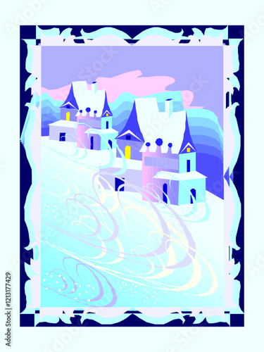Winter Village Scene vector clipart illustration