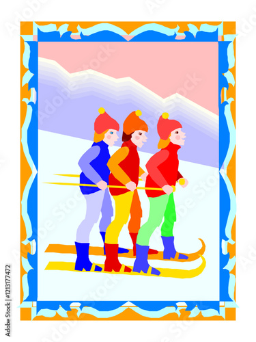 Kids Skiing in the Mountains vector illustration