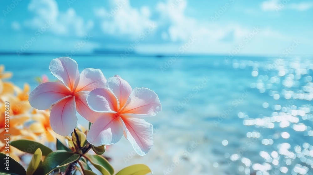 Tranquil beach scene with plumeria flowers and turquoise ocean Tranquil beach scene with plumeria flowers and turquoise ocean