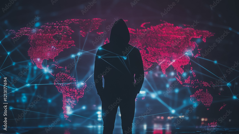 Obraz premium Hacker are planning to hack and attack networks and cyber security systems.team people innovation connection of line from nail node to node on map background , networking concept